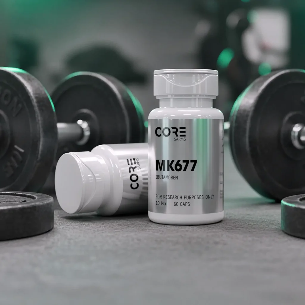 CORE SARMS MK677 Ibutamoren 10mg bottles displayed in a gym setting next to dumbbells, 60 capsules per bottle